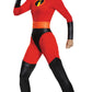 A woman wearing an adult Mrs. Incredible Costume.