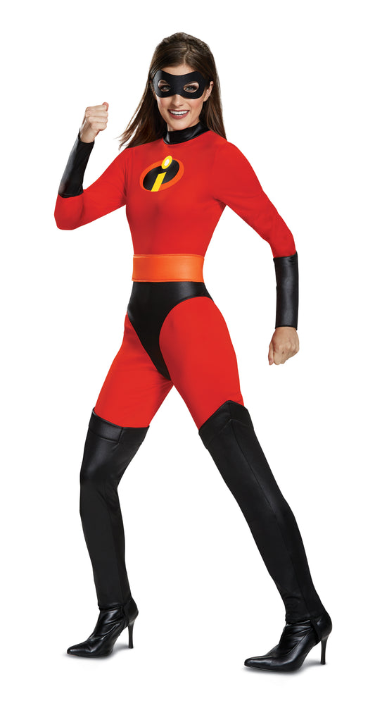 A woman wearing an adult Mrs. Incredible Costume.