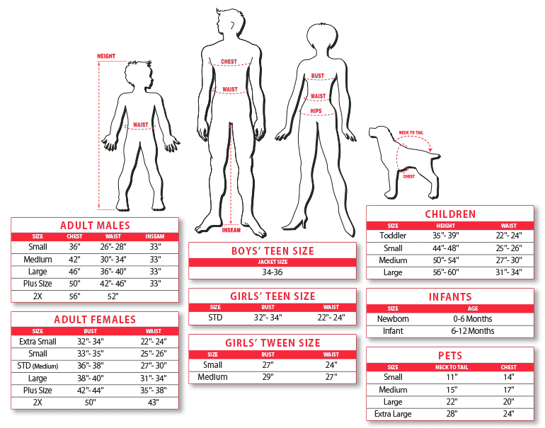 A sizing chart for a shrunken head costume.