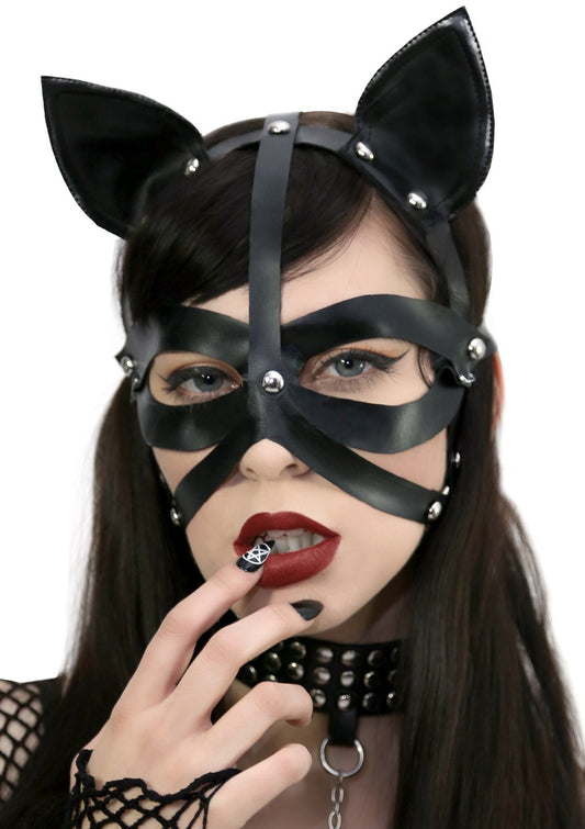 Wet Look Harness Cat Mask