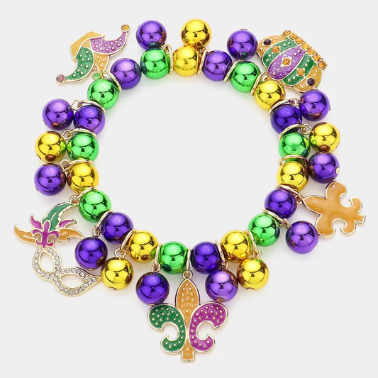 Mardi Gras Enamel Fleur De Lis Mask Crown Stretch Bracelet