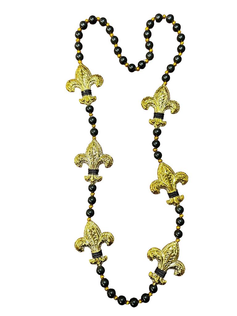 Novelty Beads - 2.5" Black Beads with Gold Fleur De Lis