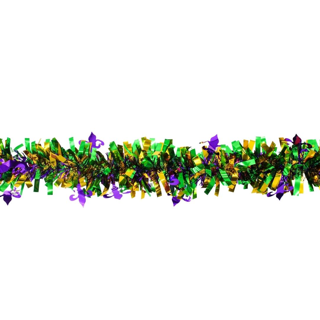 Purple, Green, and Gold Mardi Gras Garland with Fleur De Lis - 9' X 3.5"