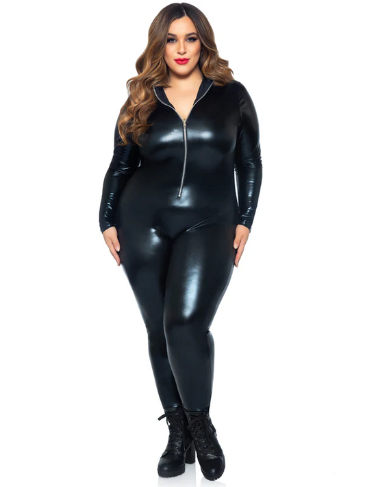Black Lame Zipper Front Catsuit