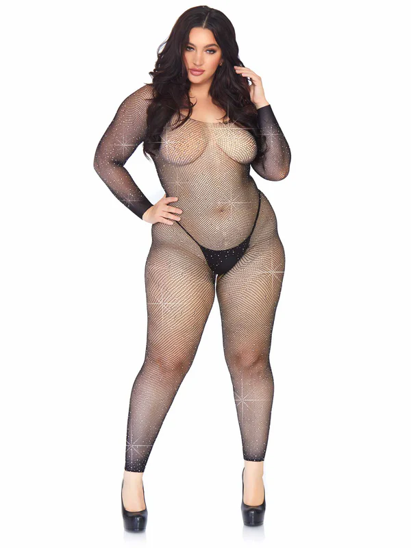 Plus Size Rhinestone Seamless Fishnet Long Bodystocking