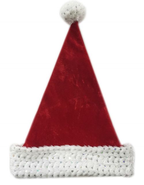 17" Red Velvet Santa Hat w/ Sequin Plush Cuff & Pom