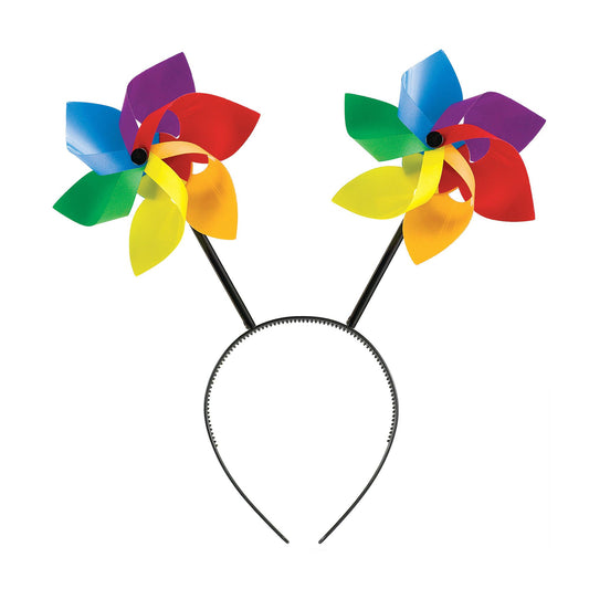 A rainbow pinwheel headband.