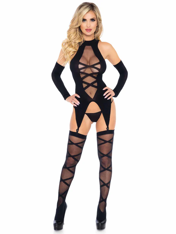 Opaque Sheer Faux Lace Up Cami Garter, Stockings & Glove