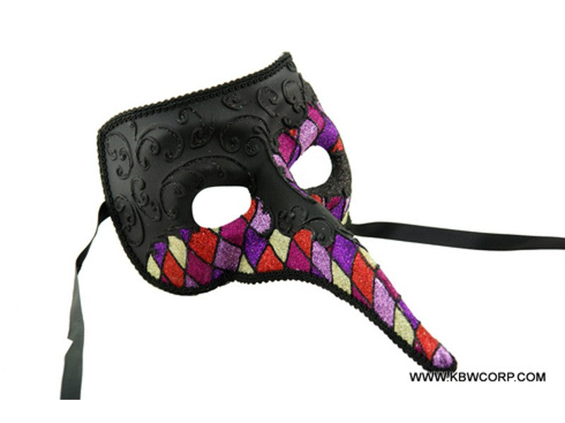 Long Nose Masquerade Mask: Black/Rainbow