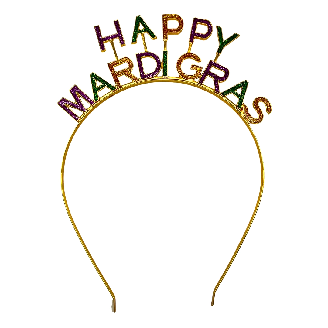 Happy Mardi Gras Enamel Headband in Purple, Green, and Gold Glitter