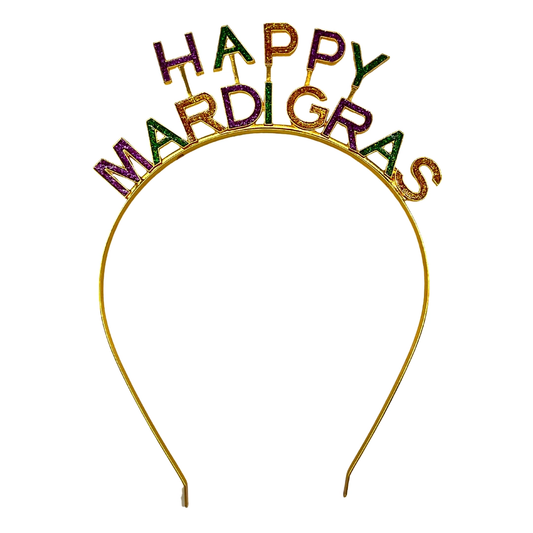 Happy Mardi Gras Enamel Headband in Purple, Green, and Gold Glitter