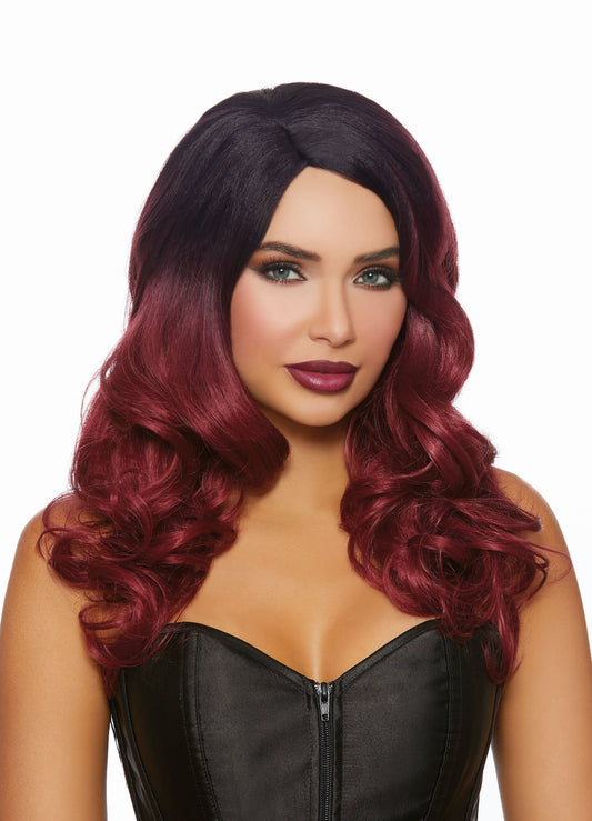 Long Wavy Ombré Wig: Black/Burgundy