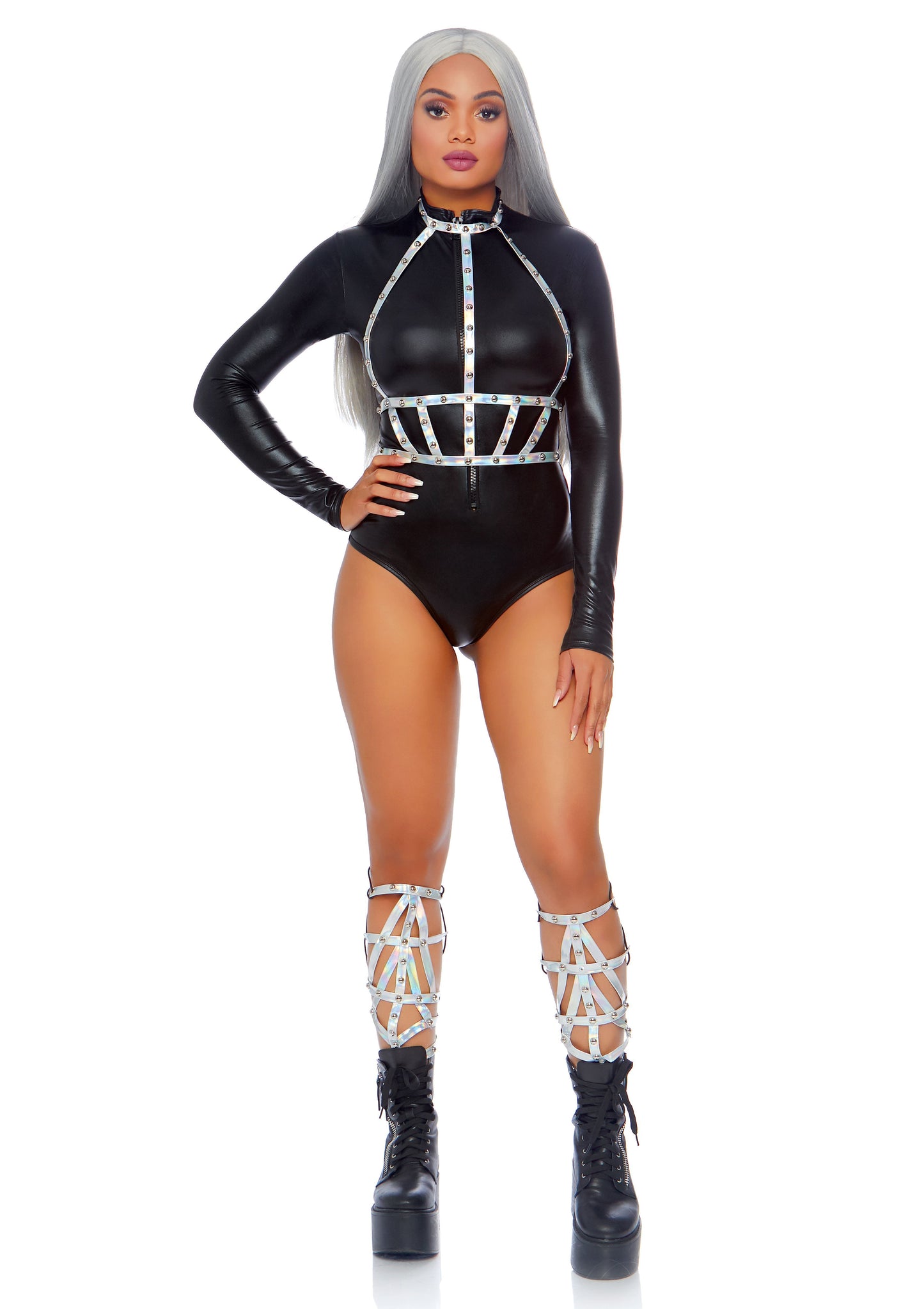 Iridescent Studded Vinyl Body Harness: Silver- O/S