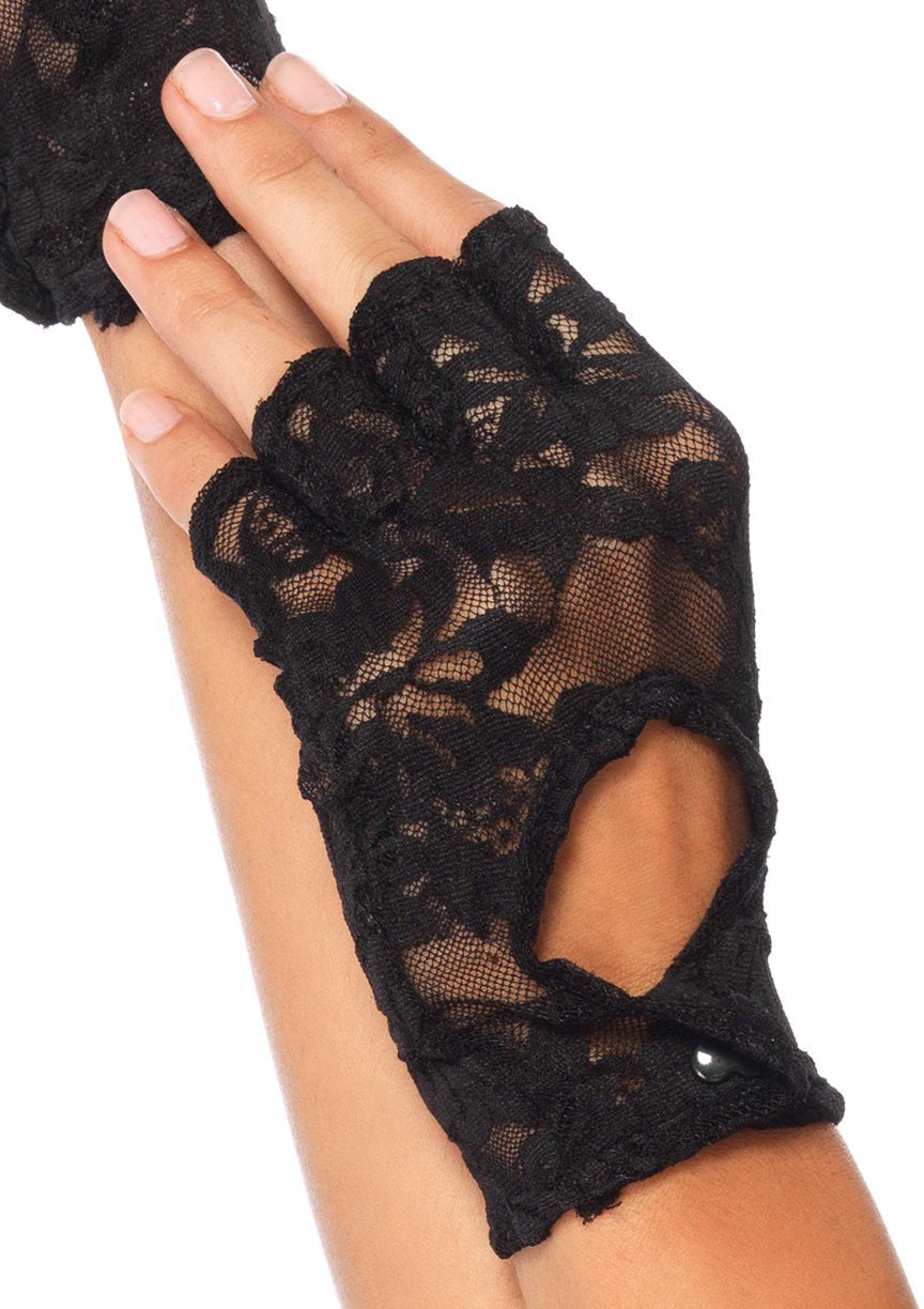 Lace Keyhole Fingerless Gloves - Black