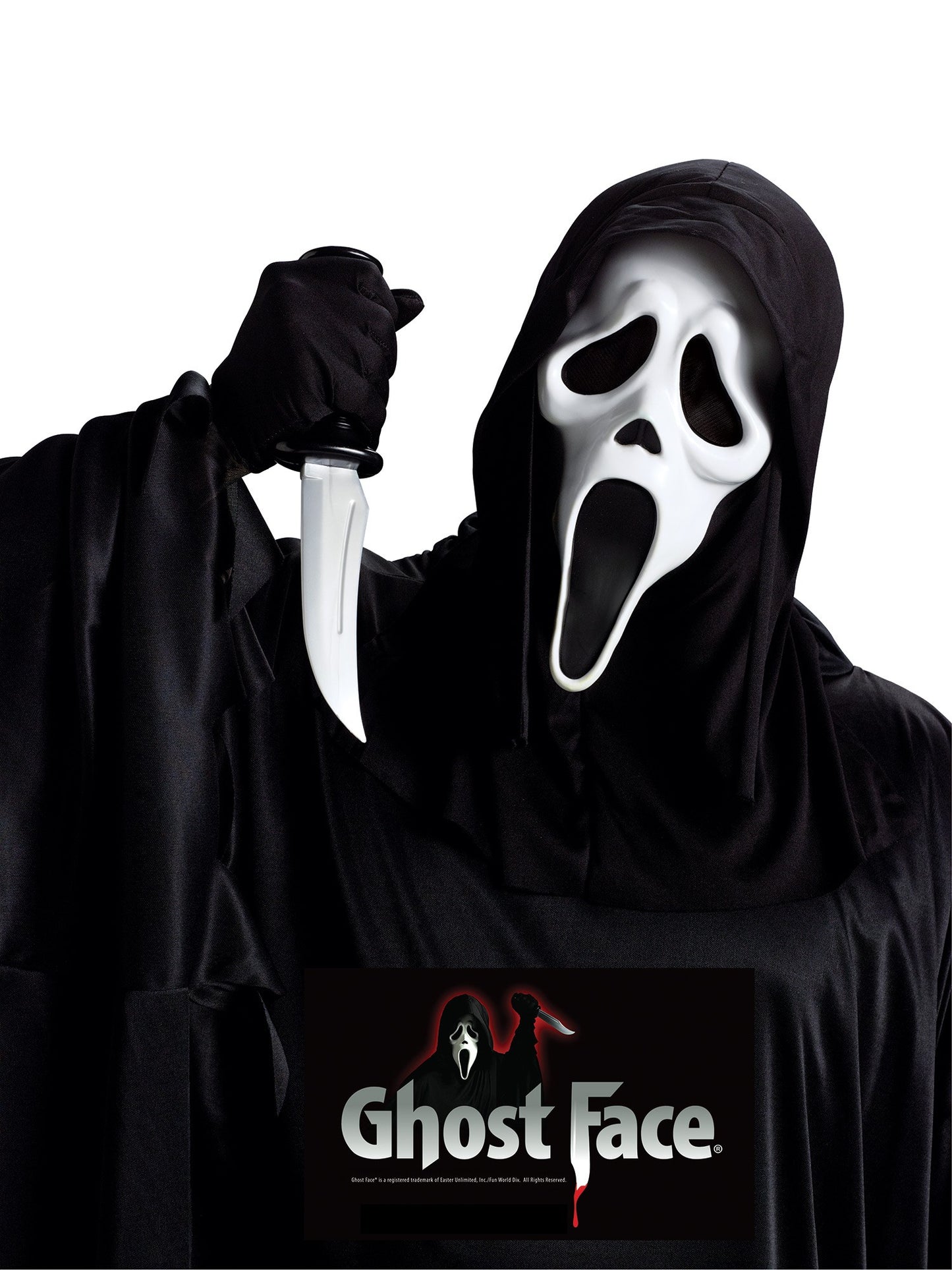 A person wearing a Ghost Face costume with the Ghost Face mask and knife.