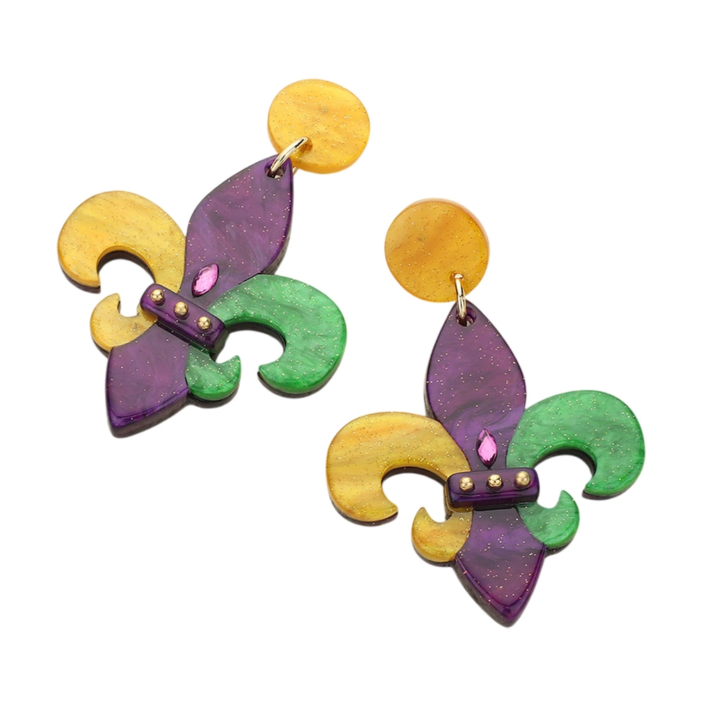 Resin Mardi Gras Fleur De Lis Dangle Earrings