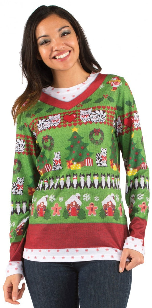 Ladies Sweater Tee: Ugly Christmas Sweater w/ Cats