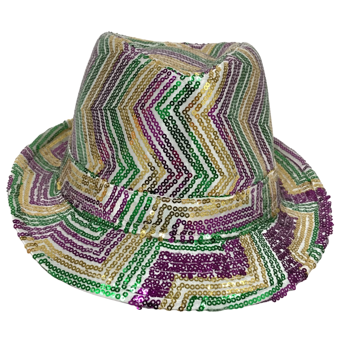 Purple, Green & Gold Sequins Zig Zag Stripes On White Fedora