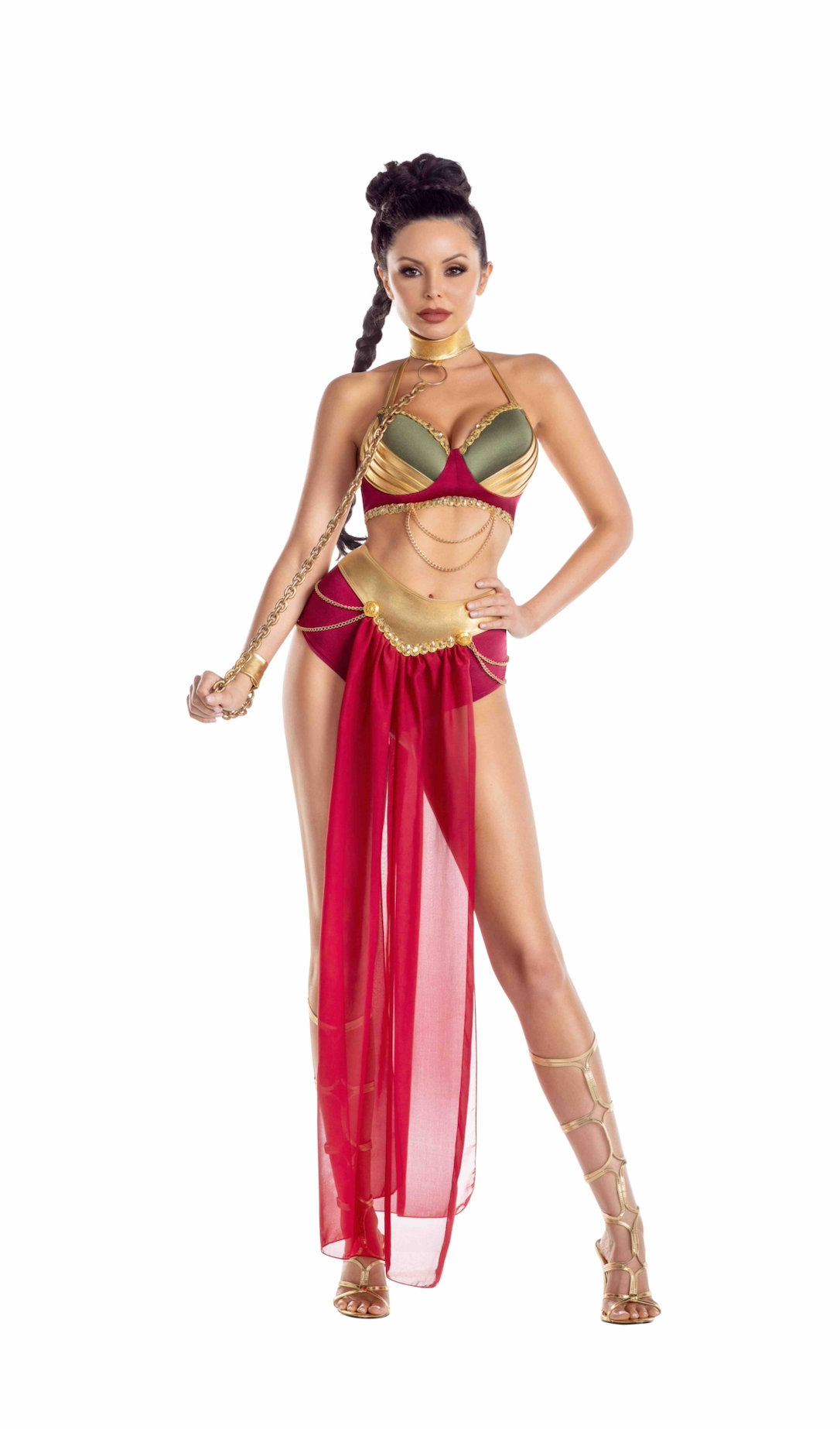 A woman wearing a space princess slave costume with a gold bikini. 