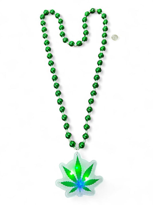 Green Beads with Light-Up Acrylic Pot Leaf