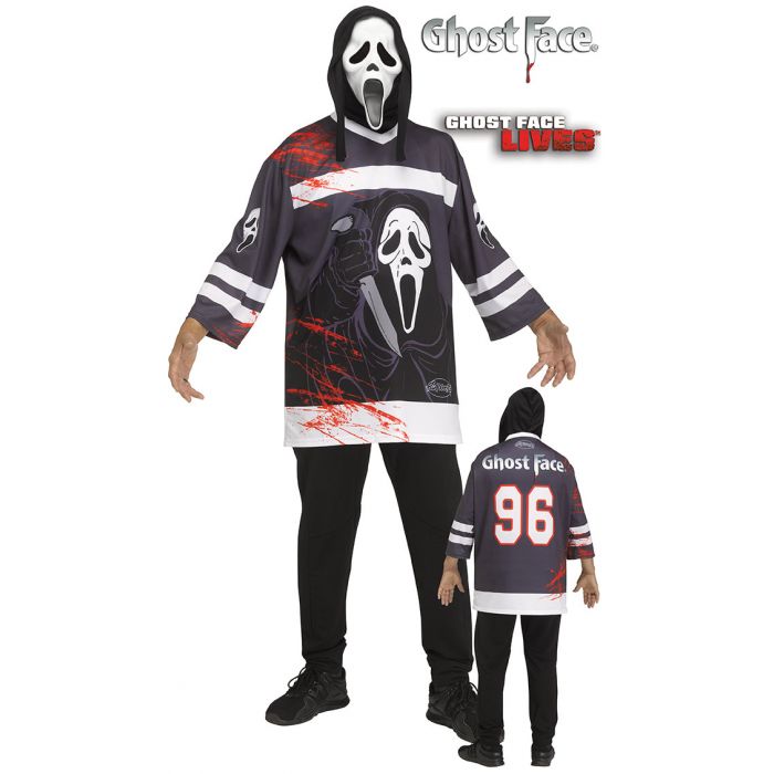 A man showing the front and back of their Ghostface hockey Jersey.