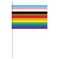 A handheld inclusive rainbow pride flag. 