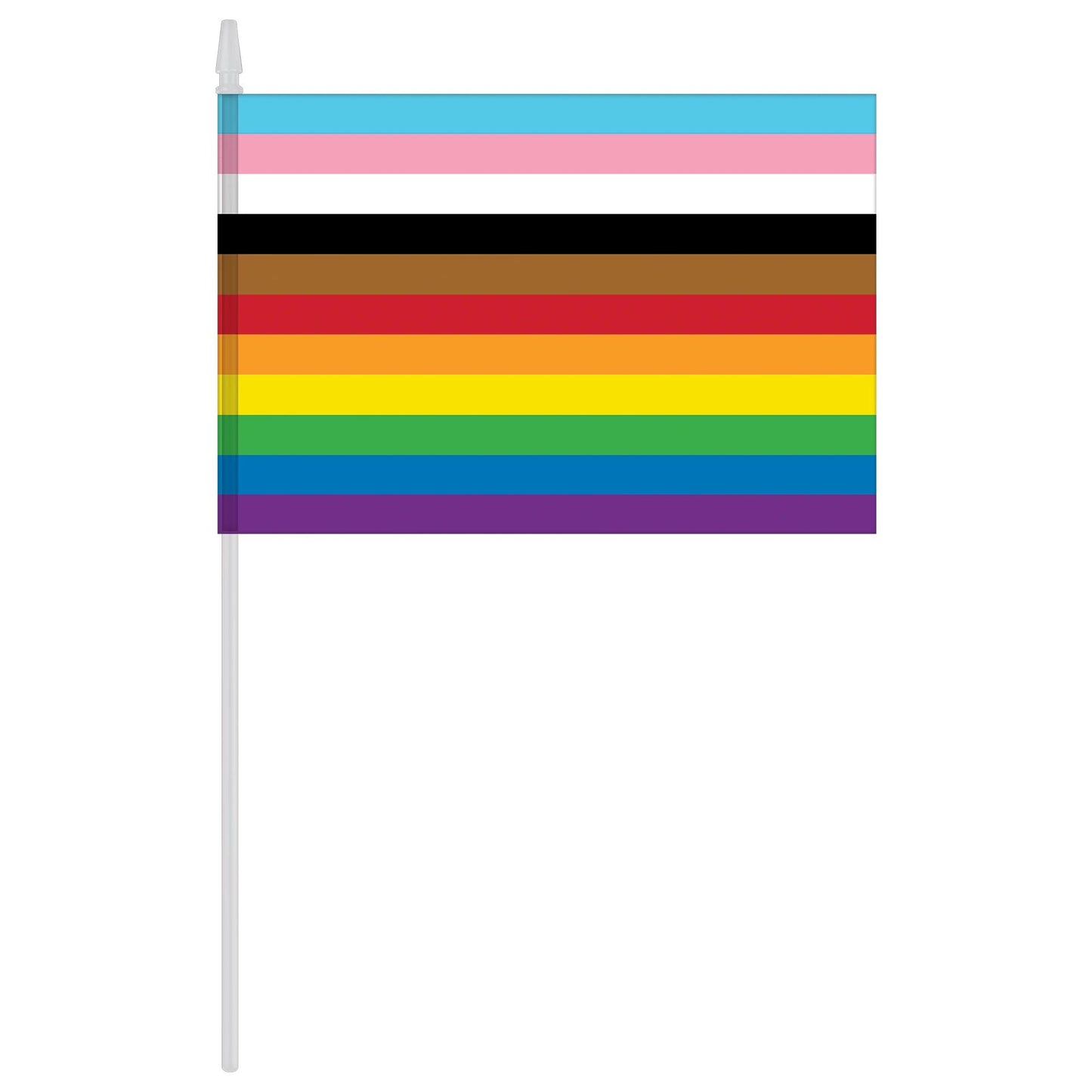 A handheld inclusive rainbow pride flag. 