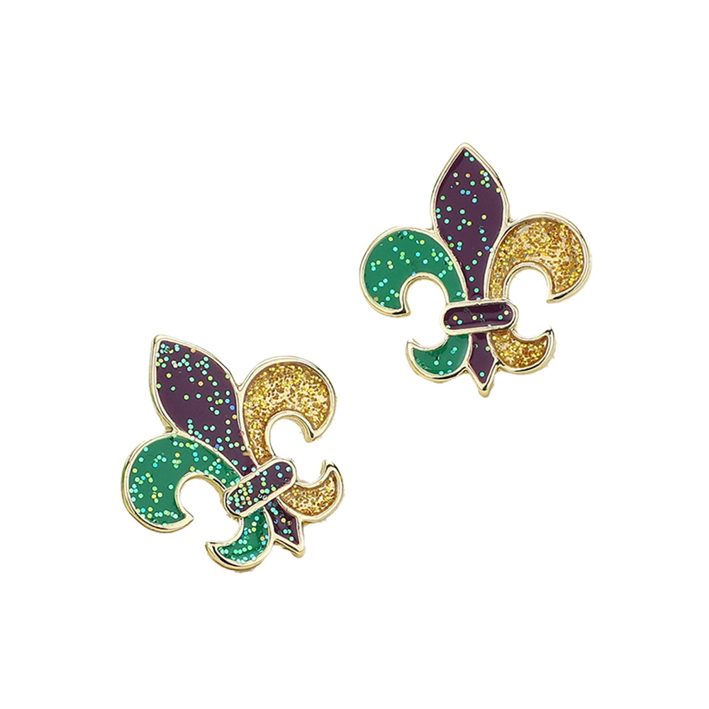 Glittered Enamel Mardi Gras Fleur De Lis Stud Earrings