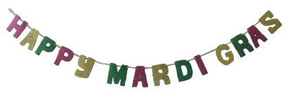 a banner that says happy mardi gras in traditional mardi gras colors.