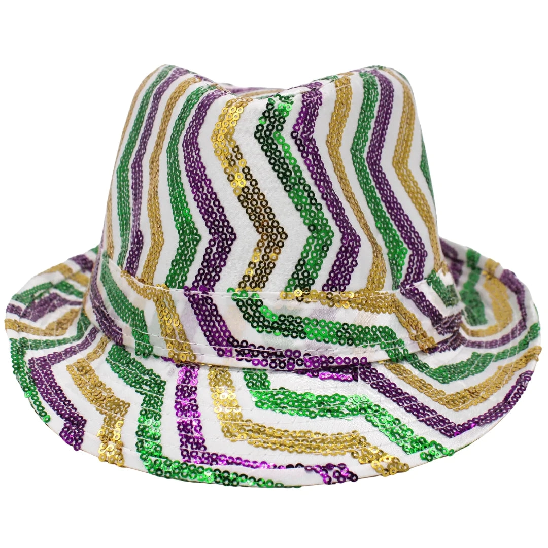 Purple, Green and Gold Sequins Stripes On White Fedora