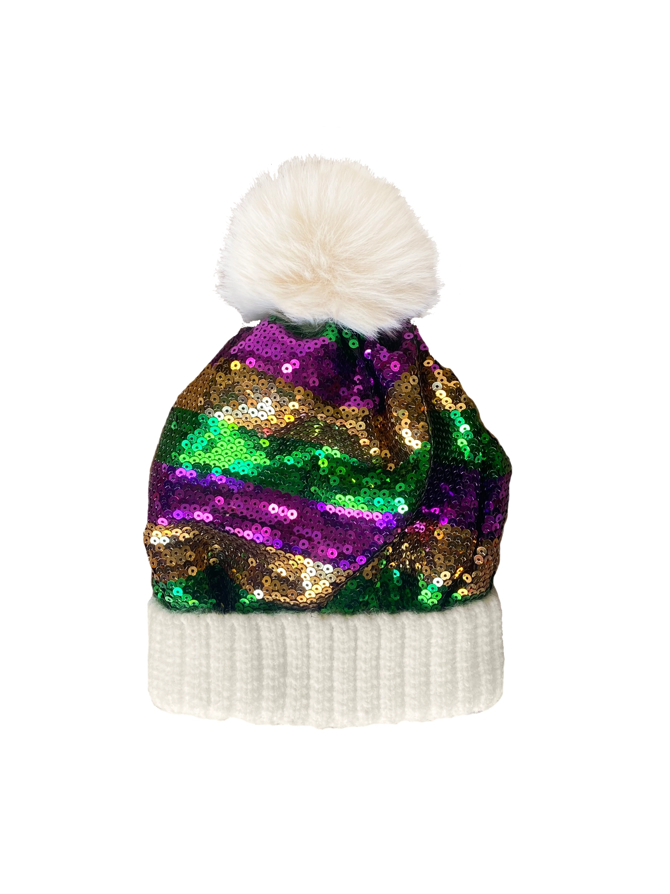 Sequin Beanie with Pom Pom - White