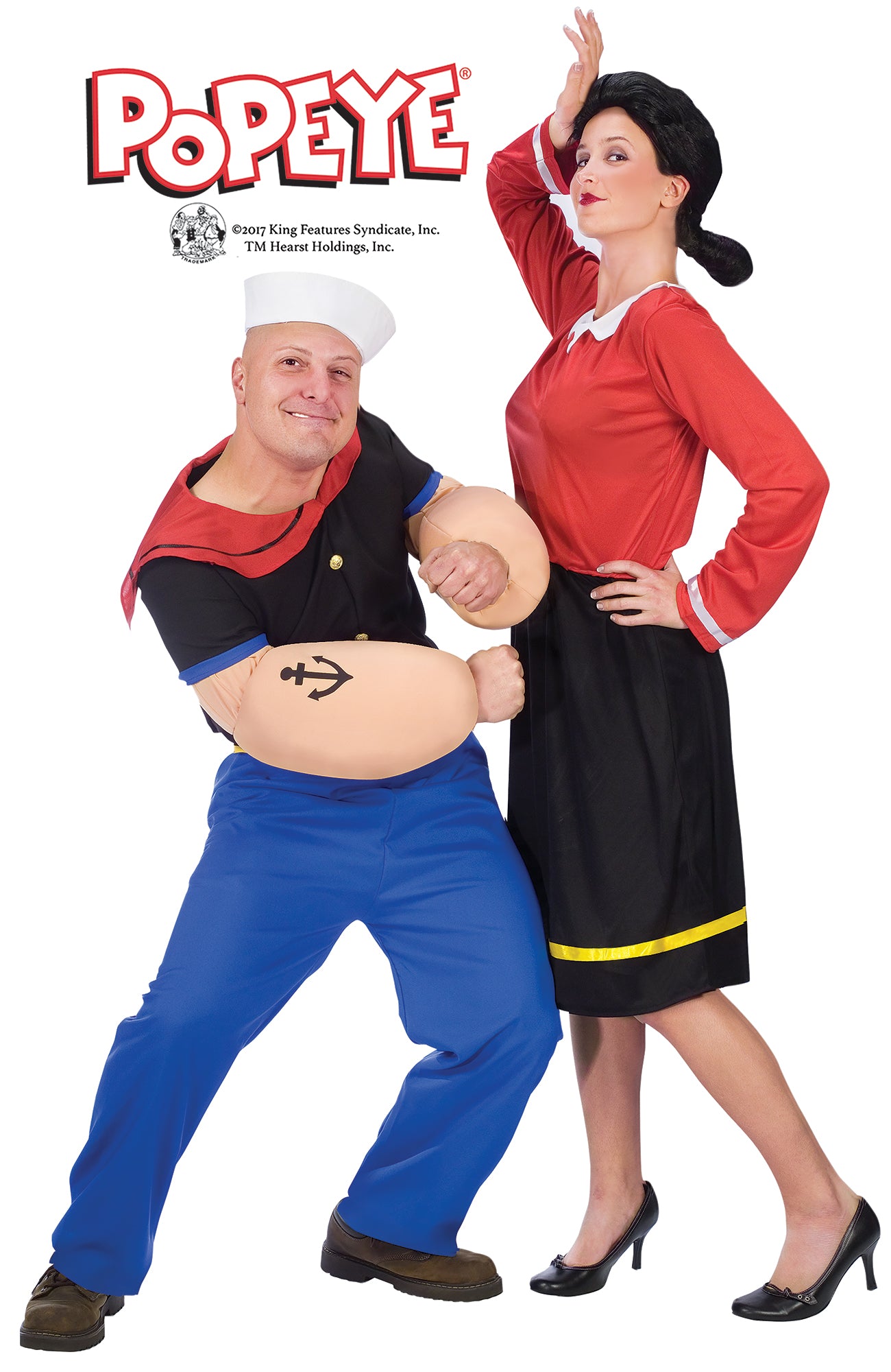 A man wearing a Popeye the Sailor man costume and a woman wearing an Olive Oil costume. 