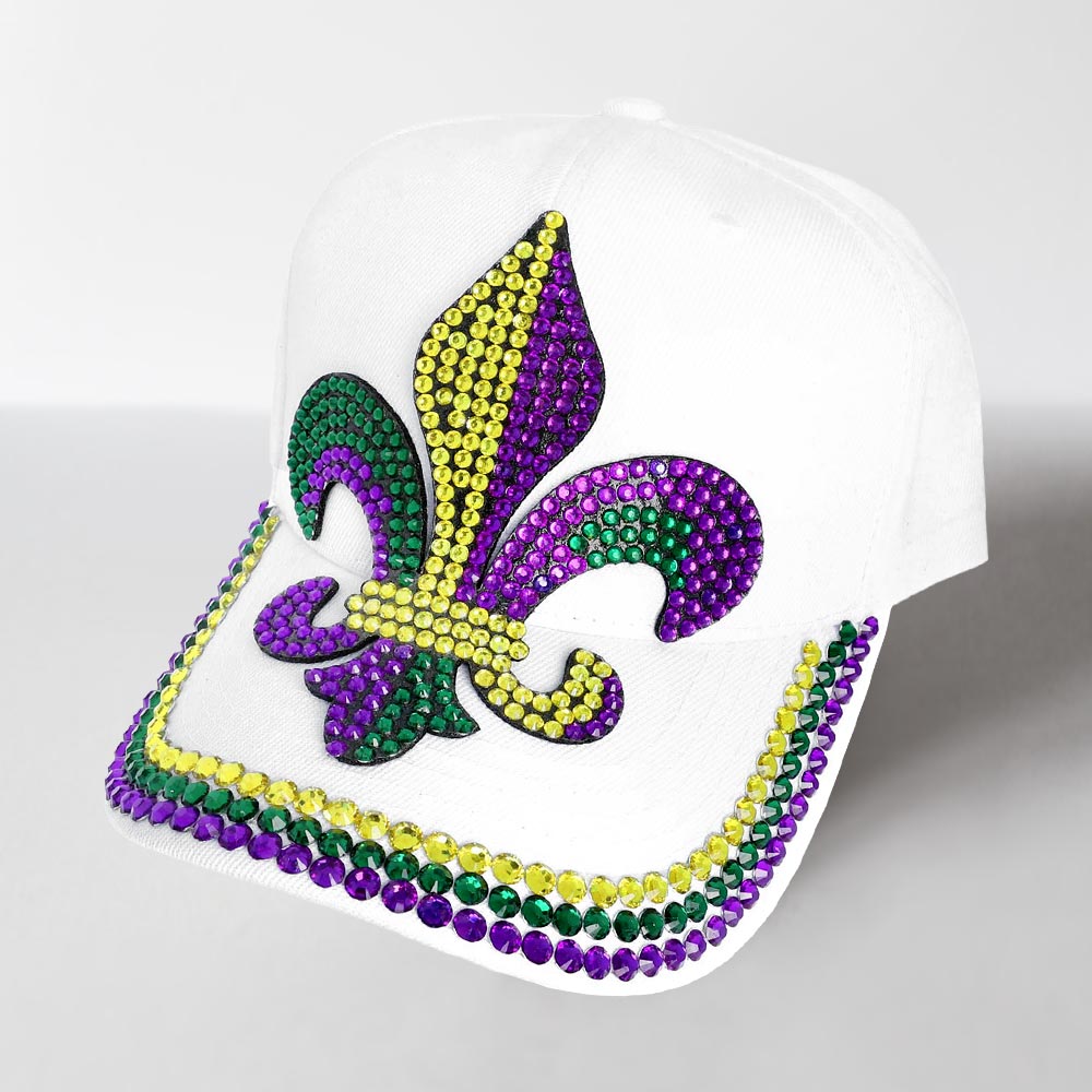 Bing Studded Mardi Gras Fleur De Lis Baseball Cap - White