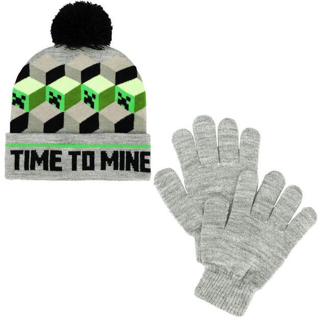 Kids Minecraft Pom Beanie & Gloves Set