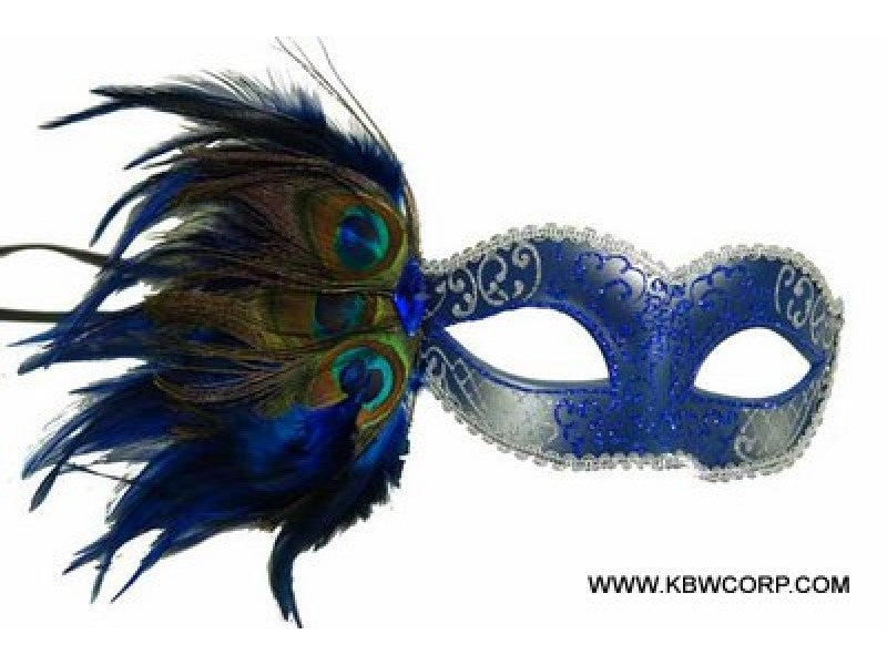 Venetian Eye Mask w/ Peacock Feathers: Blue/Silver