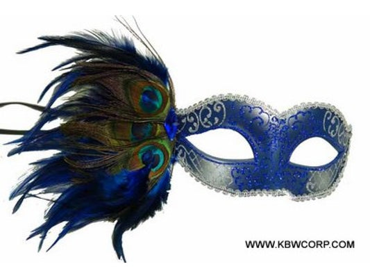 Venetian Eye Mask w/ Peacock Feathers: Blue/Silver
