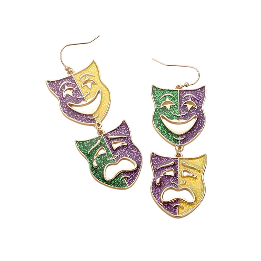 Glittered Enamel Mardi Gras Mask Link Dropdown Earrings