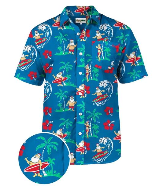 Surf's Up Santa Men's Ugly Christmas Button Down Shirt