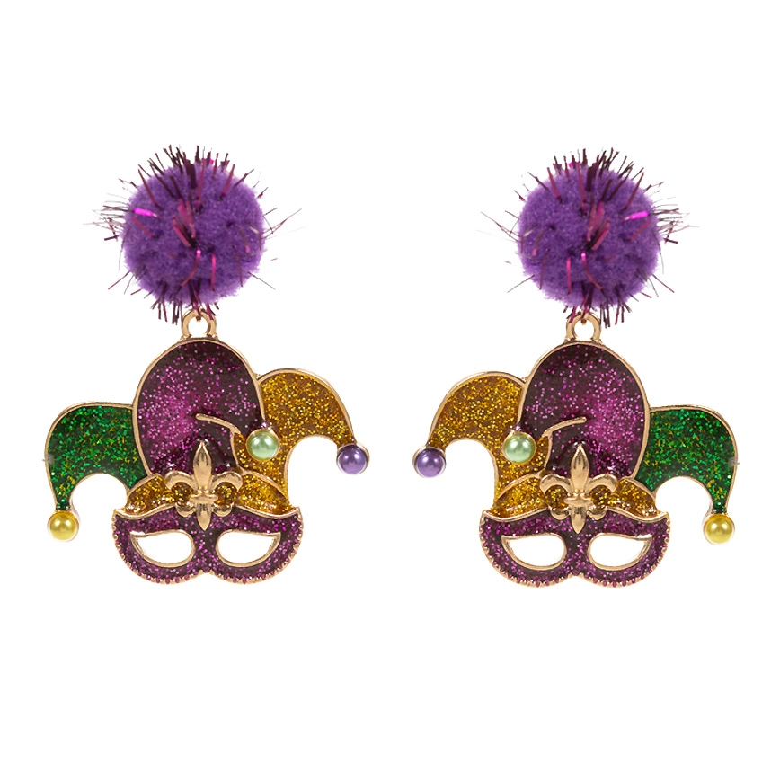 Glittered Enamel Mardi Gras Jester Dangle Pom Earrings