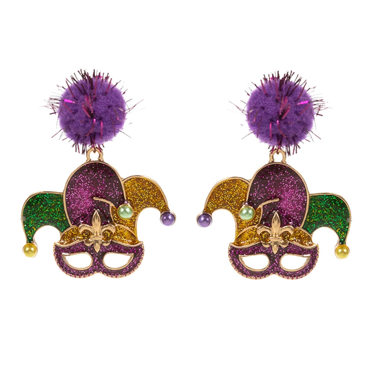 Glittered Enamel Mardi Gras Jester Dangle Pom Earrings