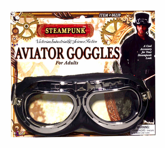 Steampunk Aviator Goggles: Black/Silver