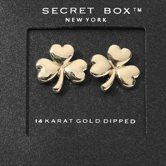 Secret BOX_14K Gold Dipped Shamrock Clover Stud Earrings