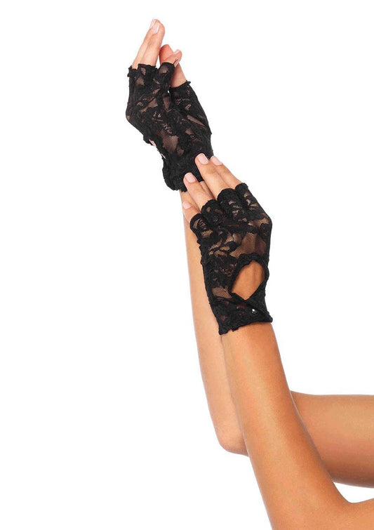 Lace Keyhole Fingerless Gloves - Black