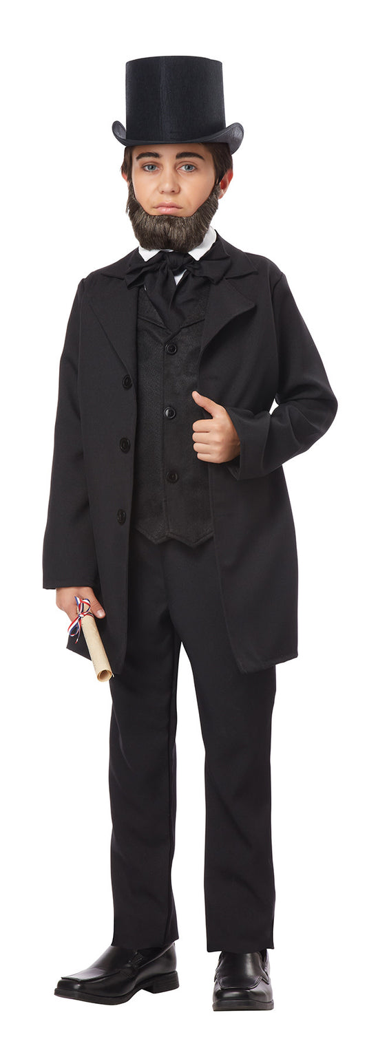 A boy wearing an Abraham Lincoln costume.