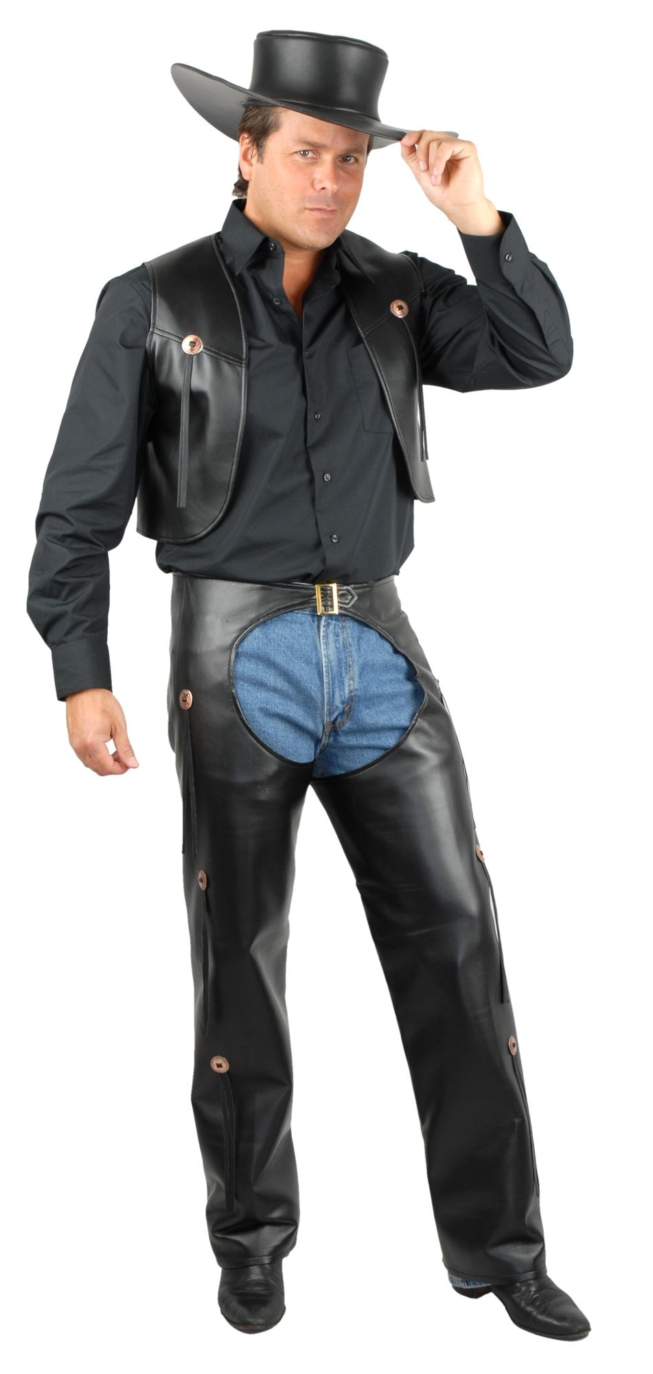 Men's Black Faux Leather Chaps & Vest
