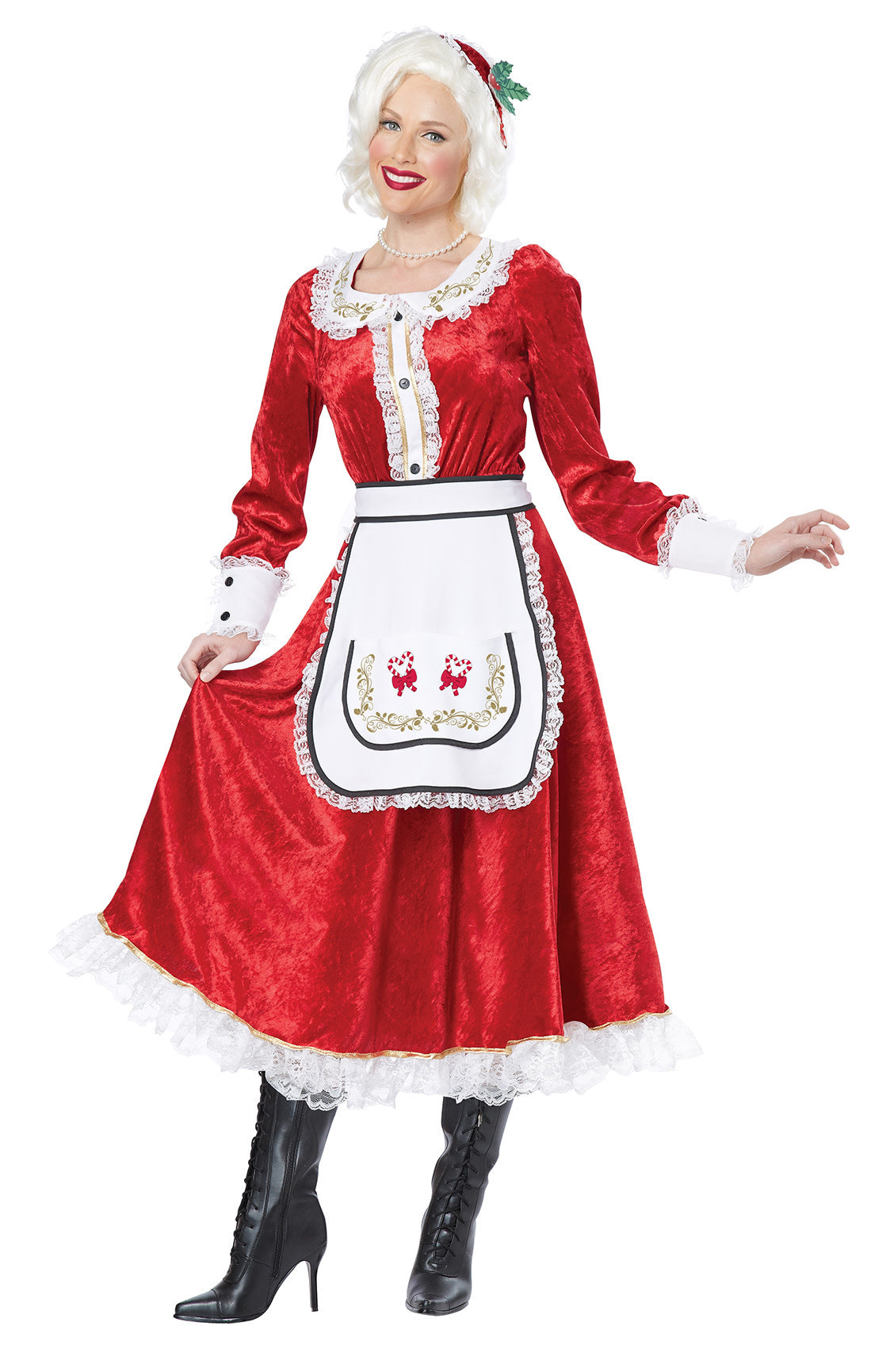 A woman wearing a classic Mrs. Claus Costume.