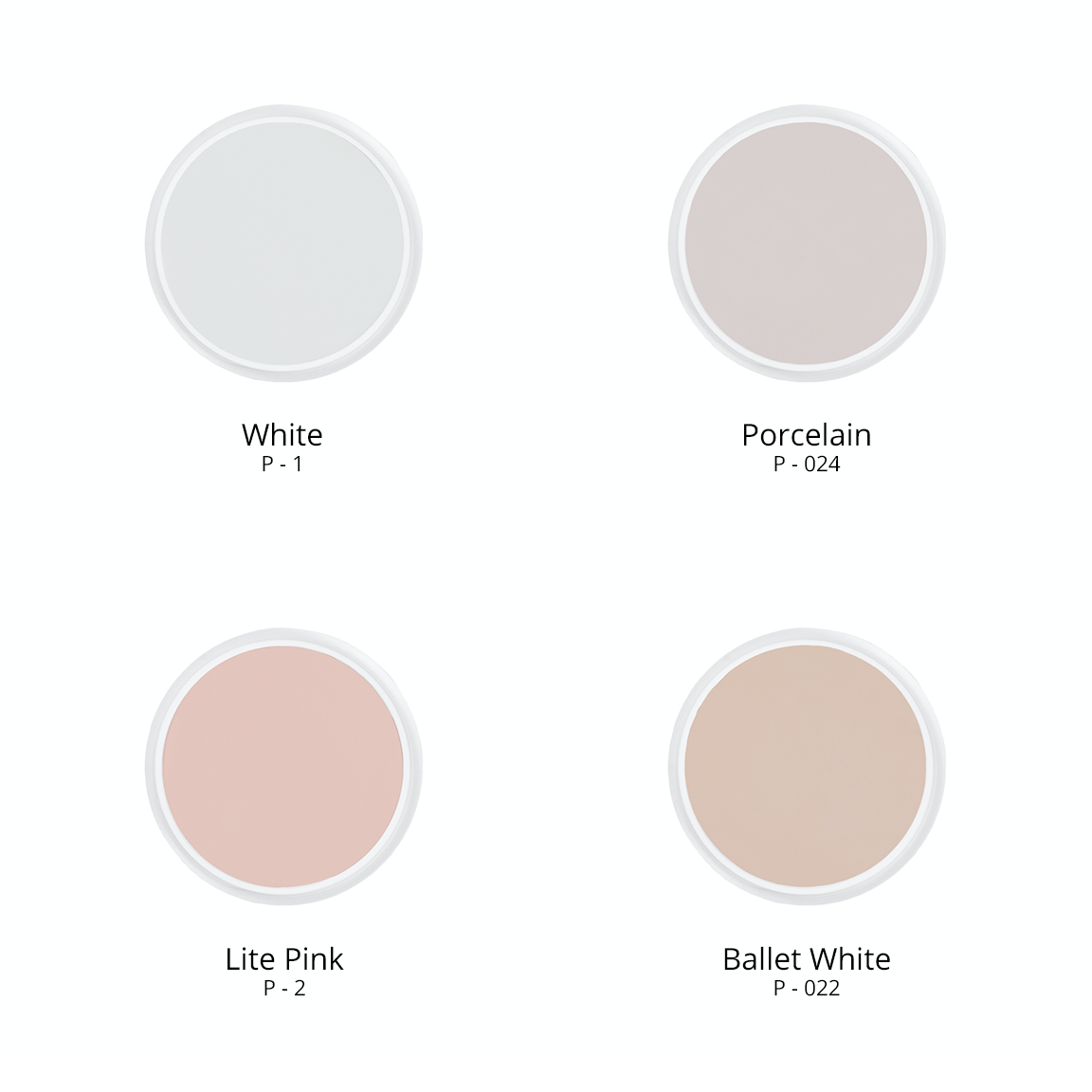 Ben Nye creme foundation in 4 shades, white P - 1 , Porcelain P - 024, Lite Pink P - 2, and Ballet White P - 022.