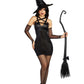 A women holding a witches hat and broom while wearing a wicked witch costume. 
