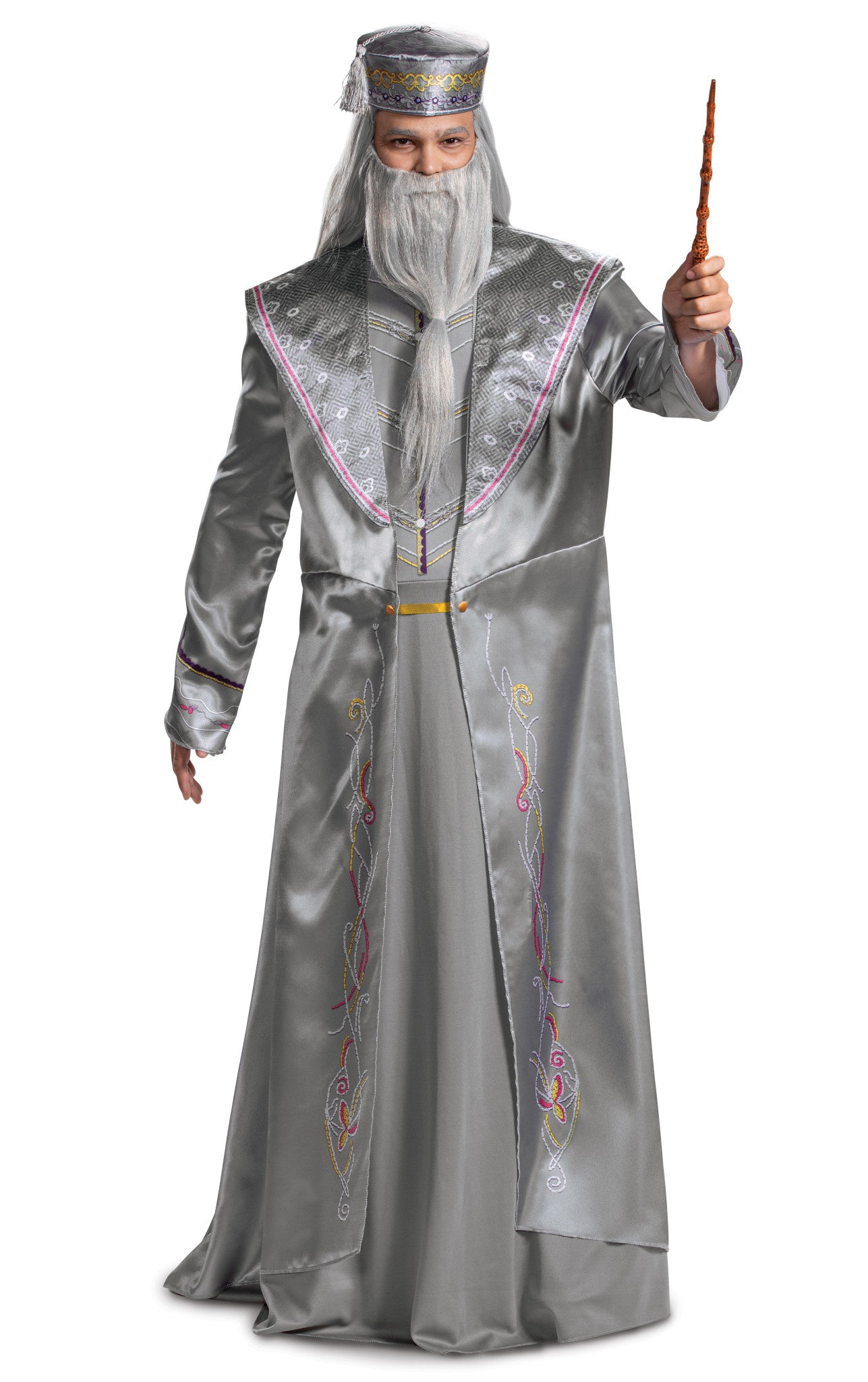 A man wearing an adult Dumbledore costume.