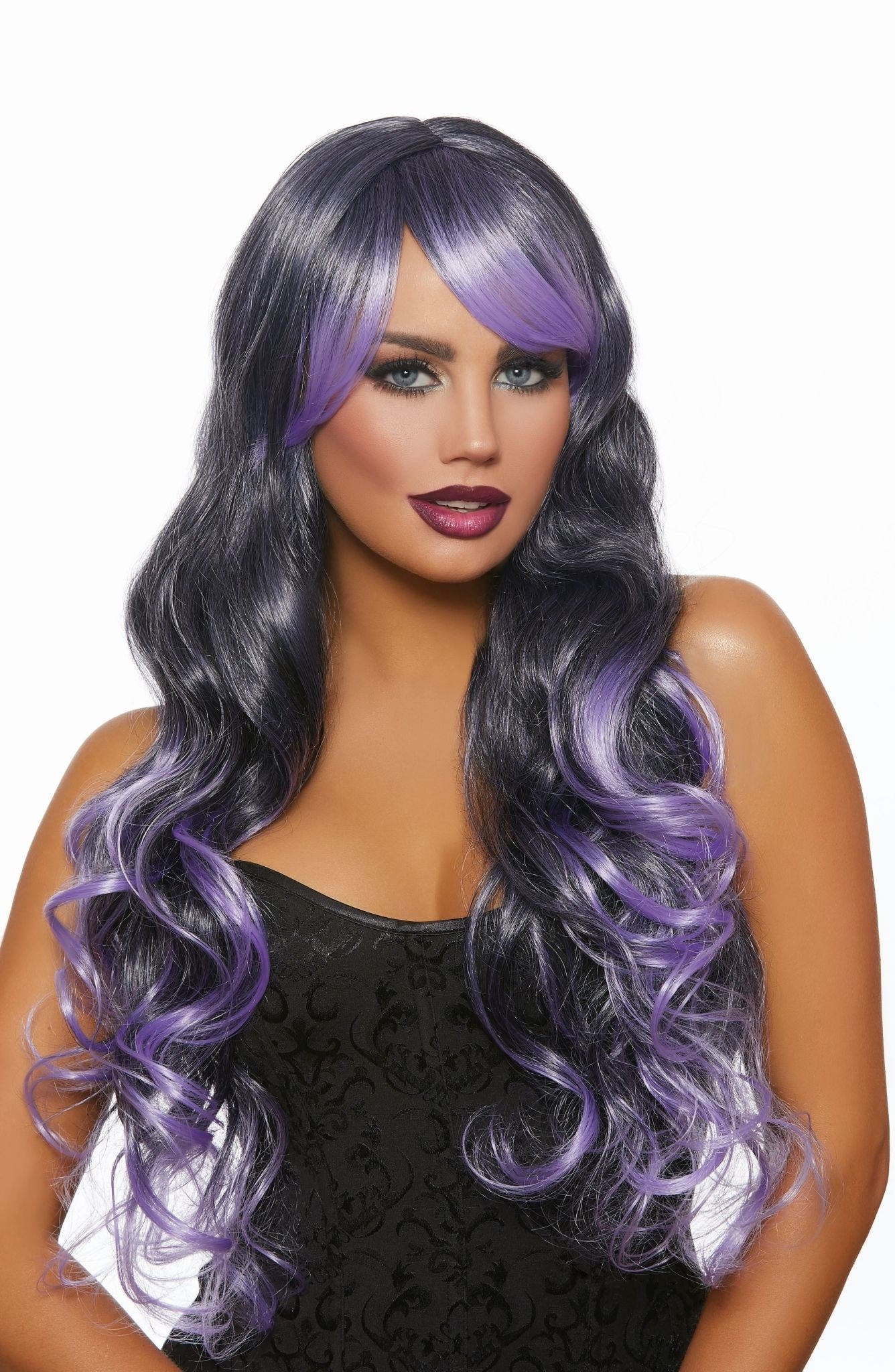 Long Wavy Ombré Layered Black/Purple Wig